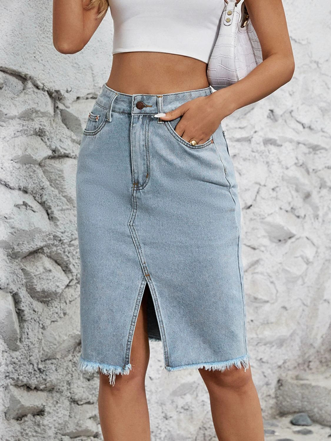 Raw Hem Slit Denim Skirt by Lady Ros