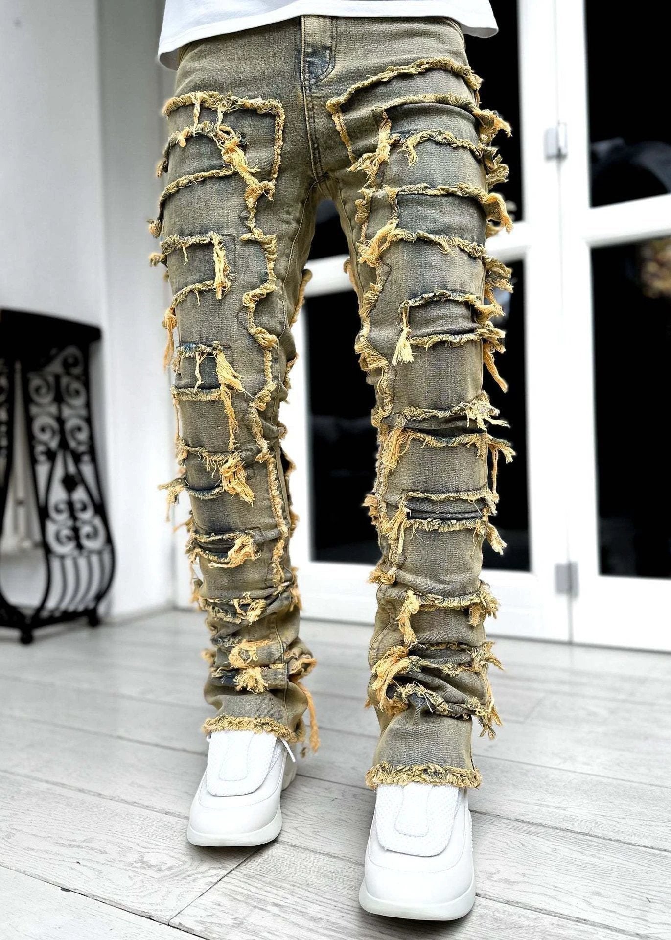 Men's Individual Patched Pants Long Tight Fit Stacked Jeans by GJG Denim