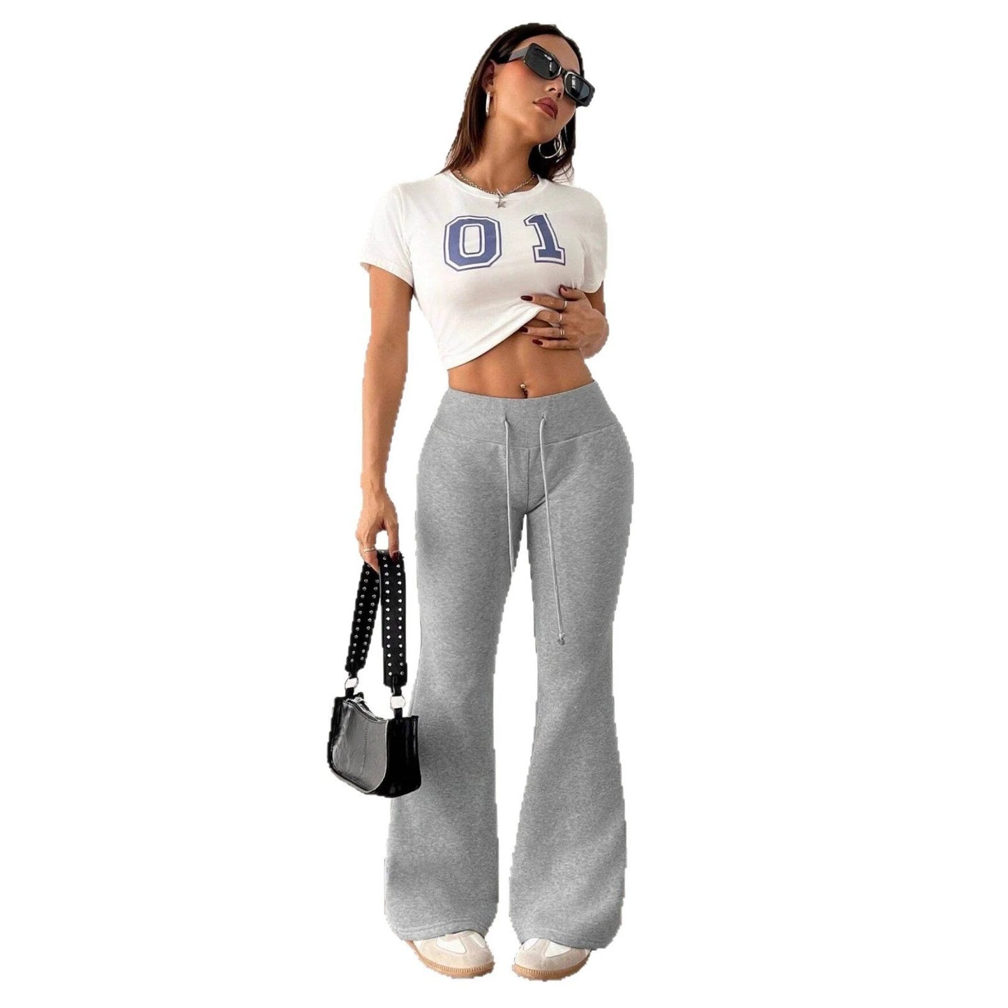 Padded Fleece Trousers High Waist Pure Color Sweatpants by GJG Denim