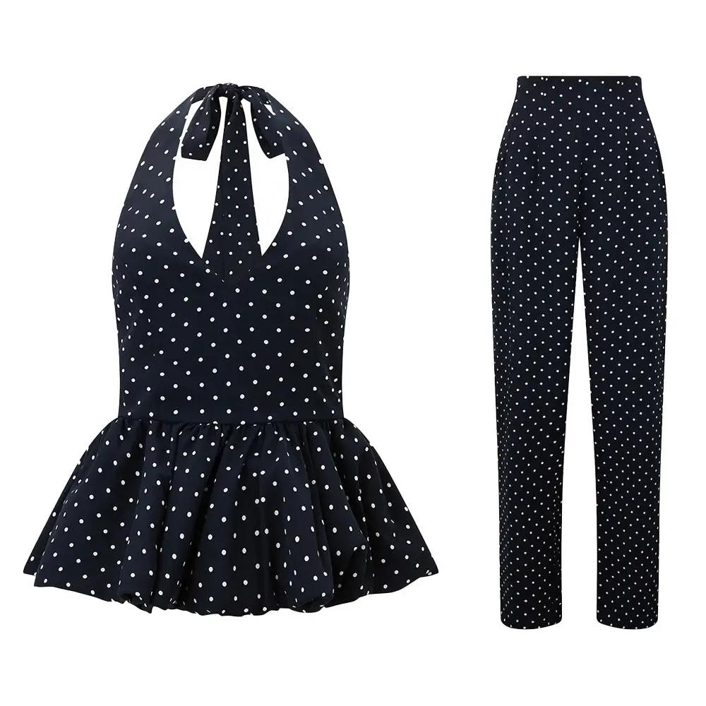 Polka-dot Print Elegant Halterneck Jumpsuit With Wide-leg Pants Set by GJG Denim