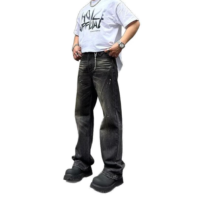 Retro Black Tie-dye Straight-leg Jeans For Men by GJG Denim