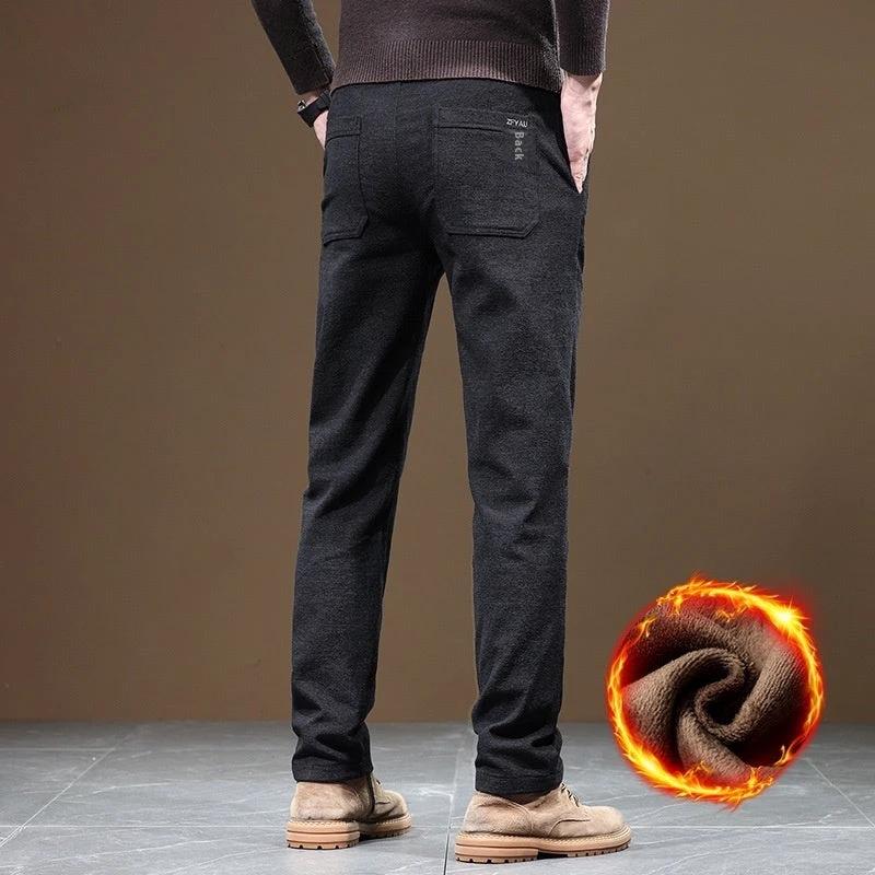 Men's Slim Fit Straight Fleece-lined Thick Business Casual Pants by GJG Denim