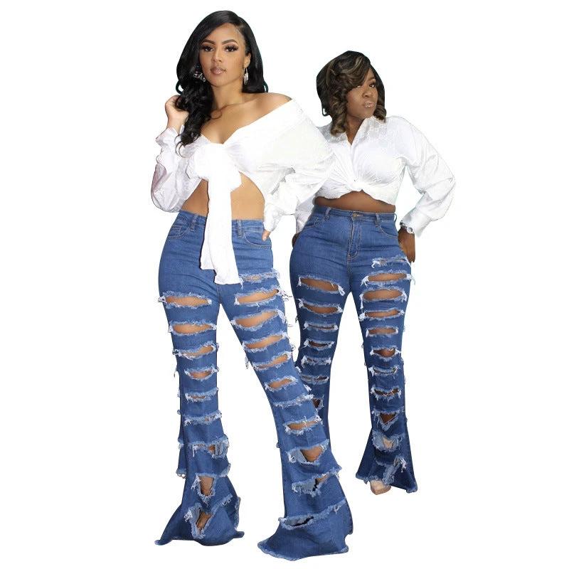 New Washing Trend Large Size Women's Torn Jeans by GJG Denim