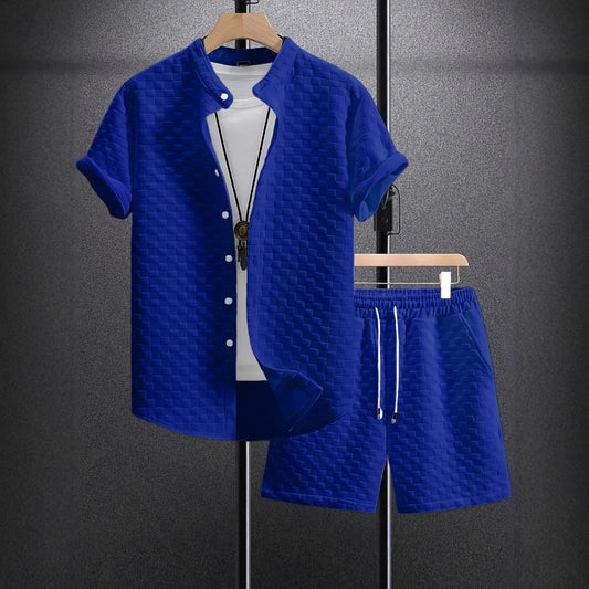 Men's Jacquard Casual Short Sleeve Shirt Set by GJG Denim