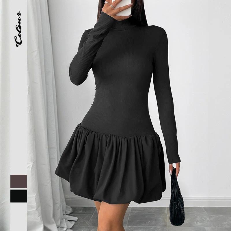 Simple Elegant Basic Turtleneck Long Sleeve Solid Color Dress by GJG Denim