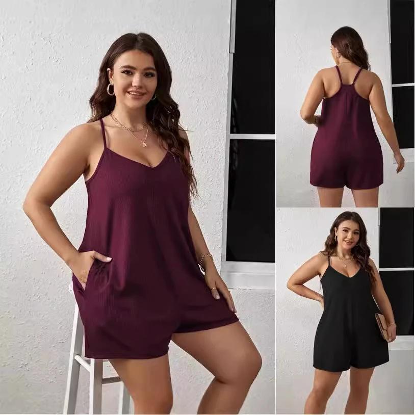 V-neck Sexy Plus Size Women's Suspender Jumpsuit by GJG Denim