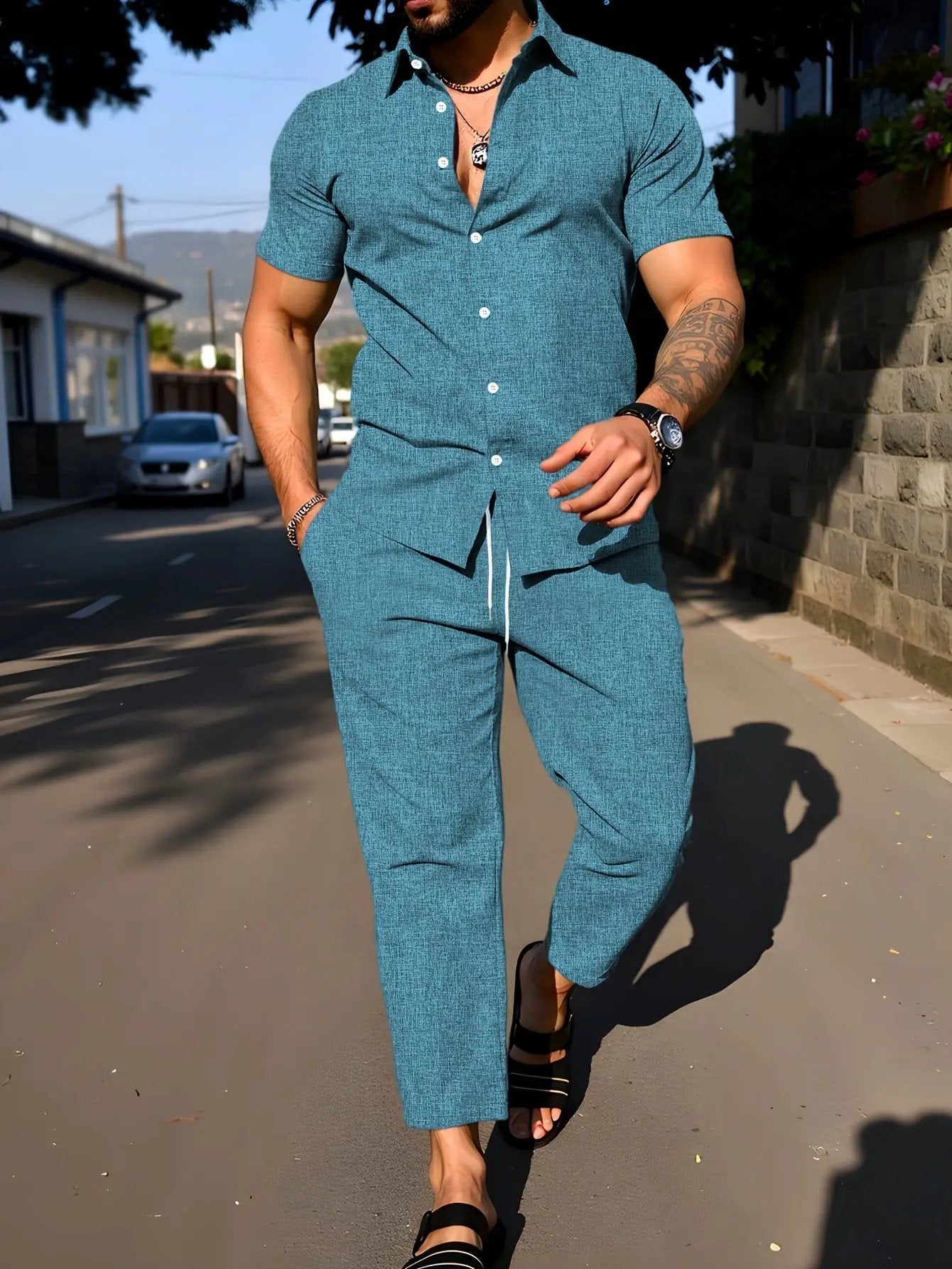 Short-sleeve Shirt And Trousers Casual Summer Set by GJG Denim