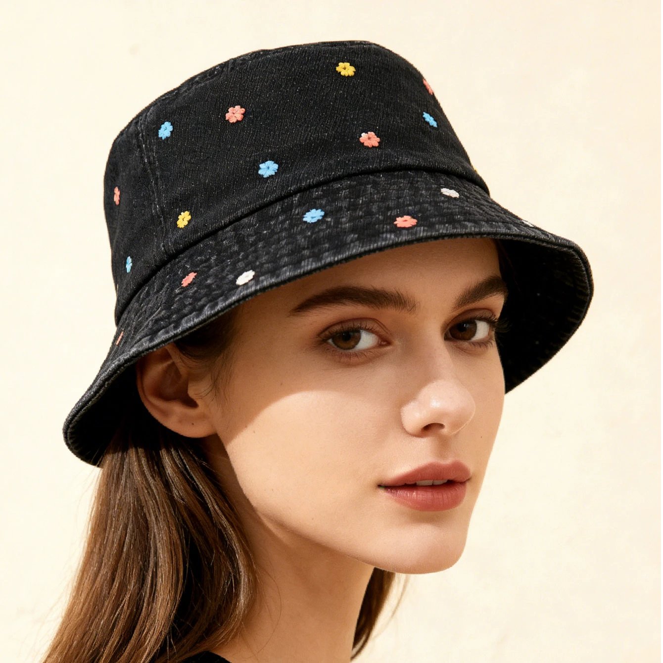 Korean-style Water-washed Embroidered Full-pattern Small Floral Fisherman Hat, Energetic And Cute Flat-top Cap, Suitable For Outdoor Wear. by GJG Denim