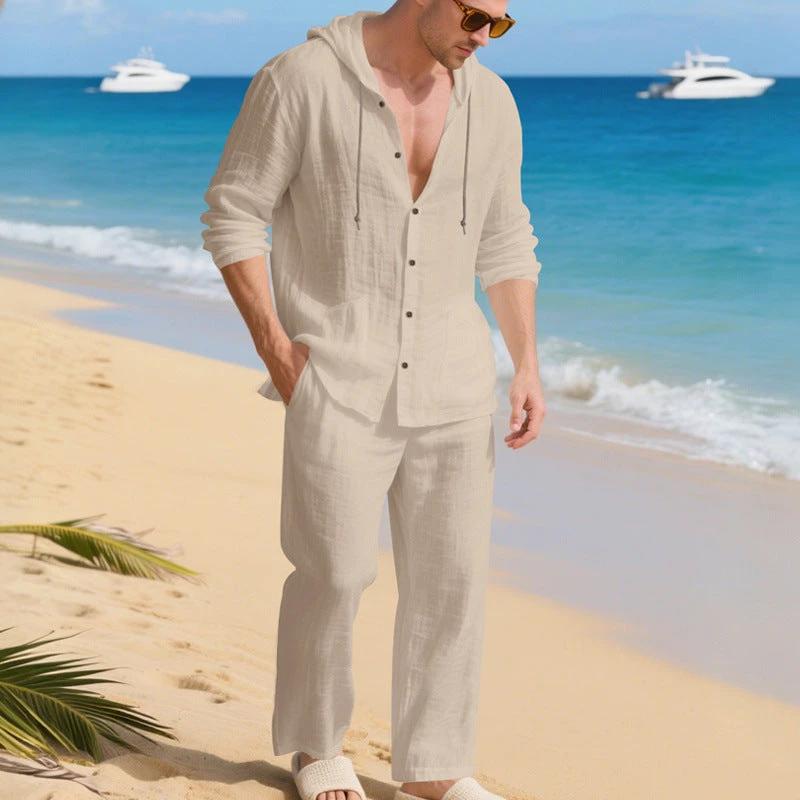 Loose, Breathable Linen Casual Hooded Long-sleeve Shirt And Pants Set by GJG Denim