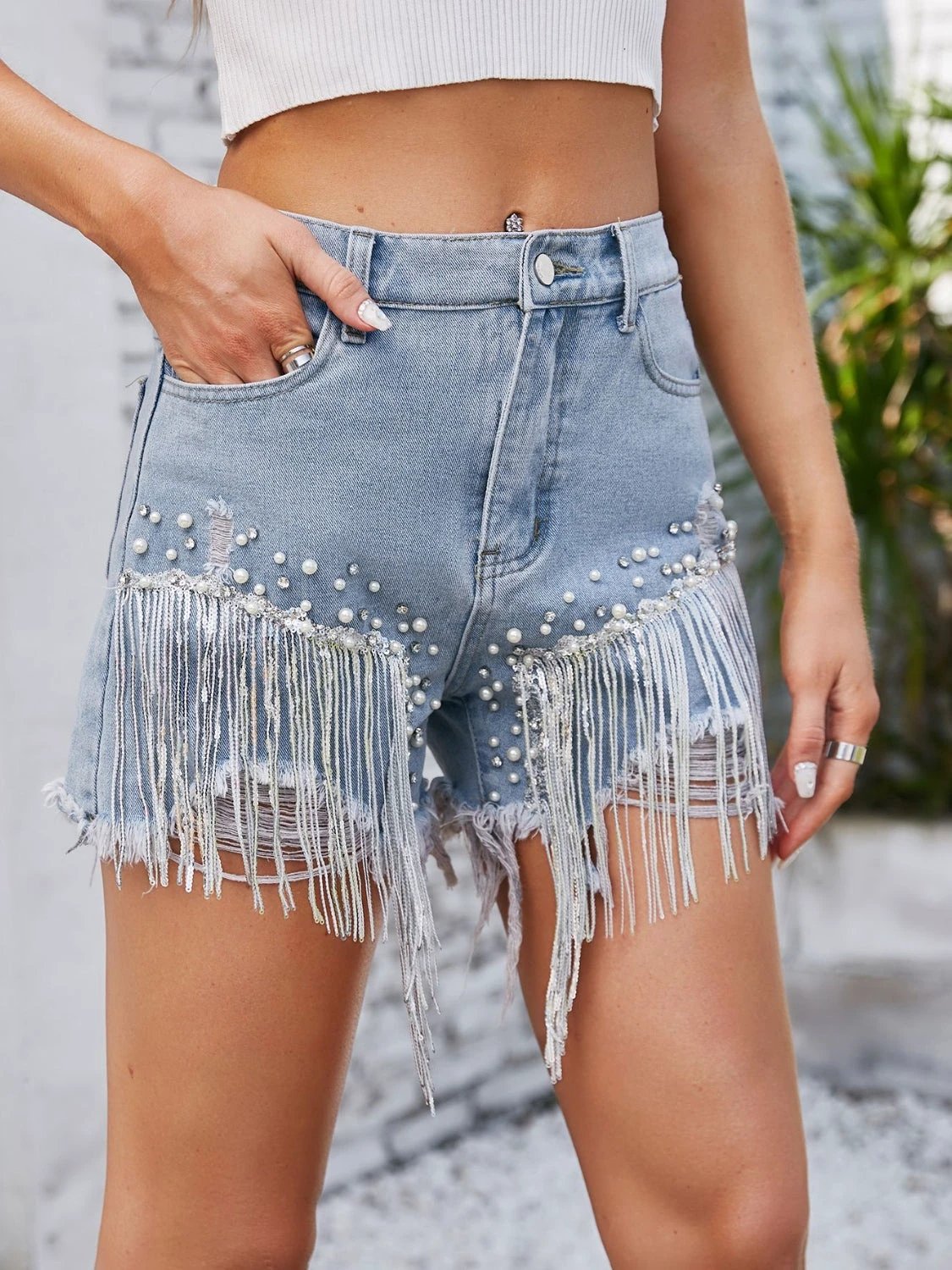 Distressed Pearl Trim Denim Shorts with Pockets by Lady Ros
