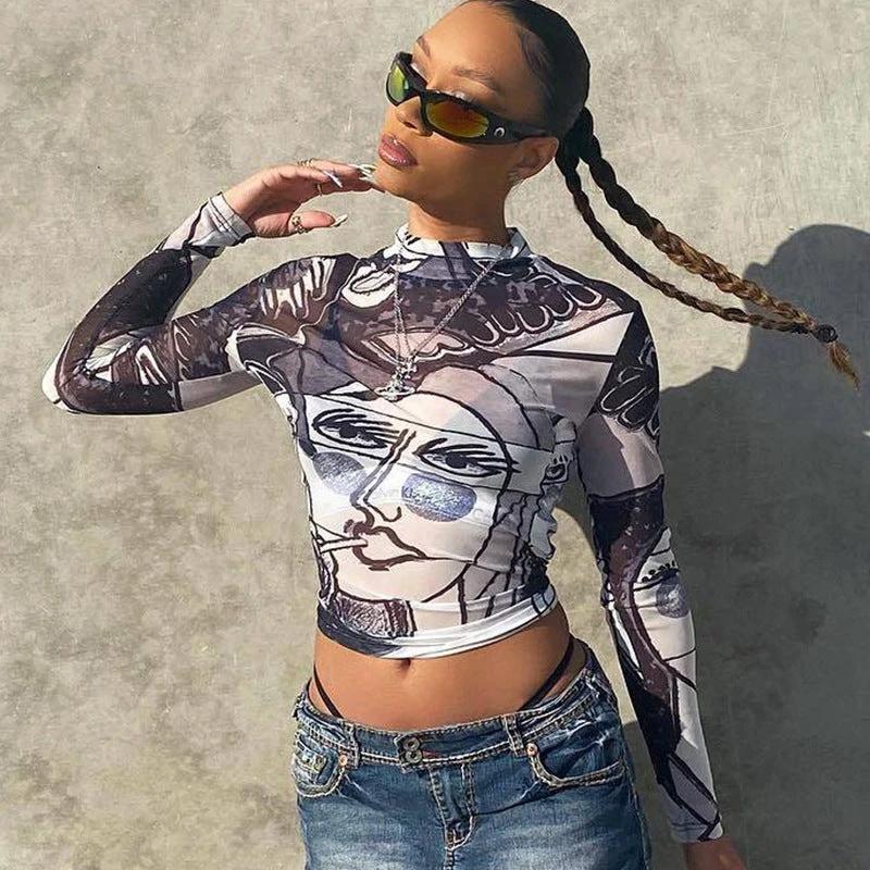 Sheer Mesh Round Neck Long Sleeve Slim-fit Top by GJG Denim