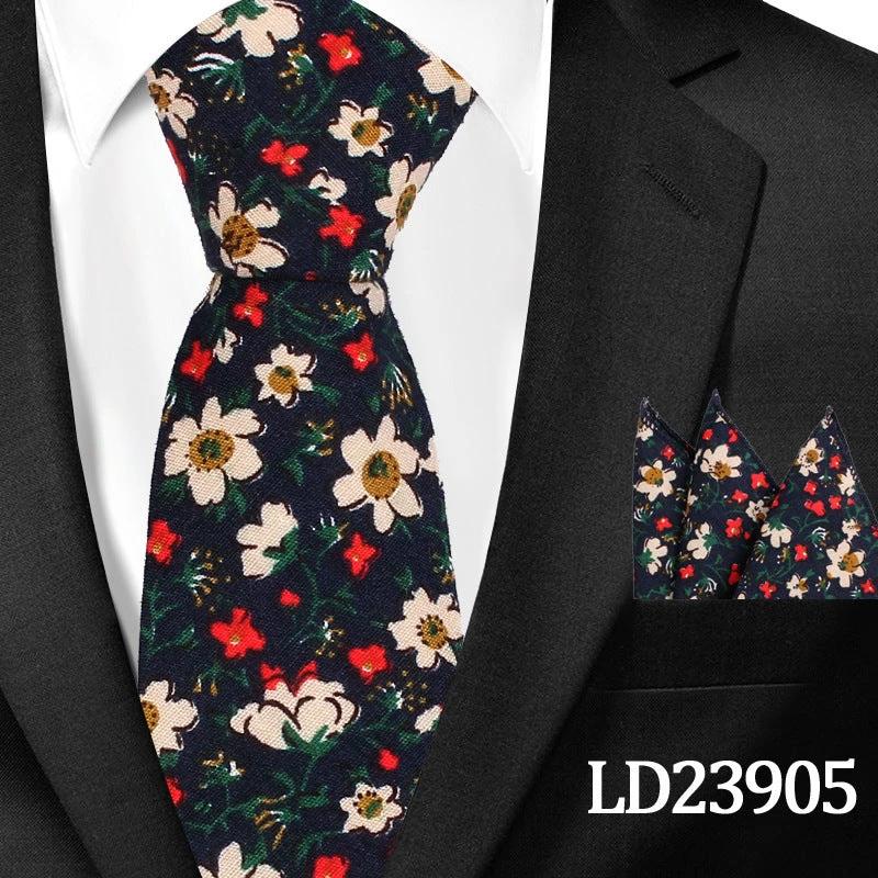 Men's Casual Cotton Floral Print 6cm Tie and Pocket Square by GJG Denim