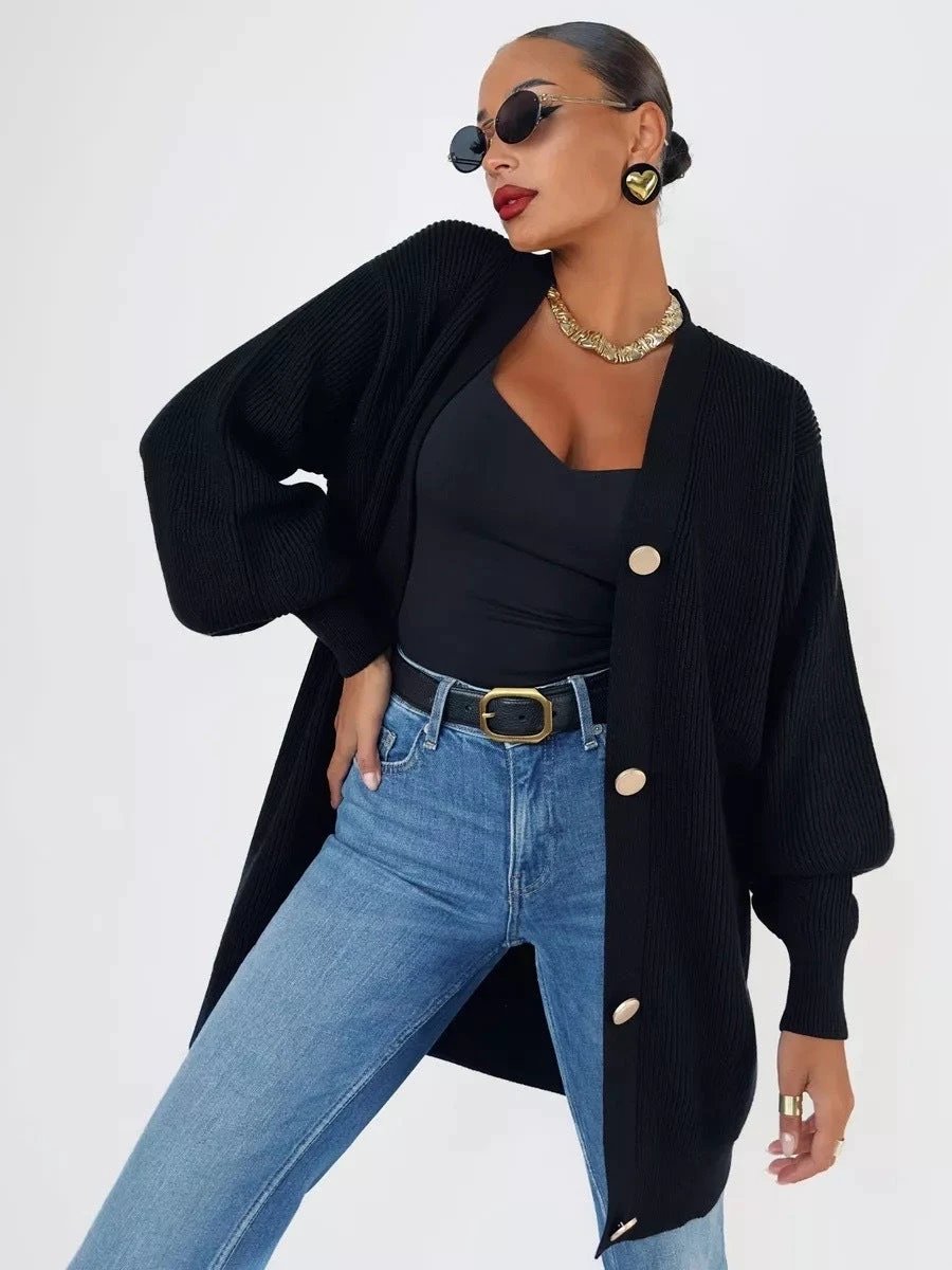 European And American Pure Color Casual Versatile Loose V-neck Early Autumn Knitted Cardigan by GJG Denim