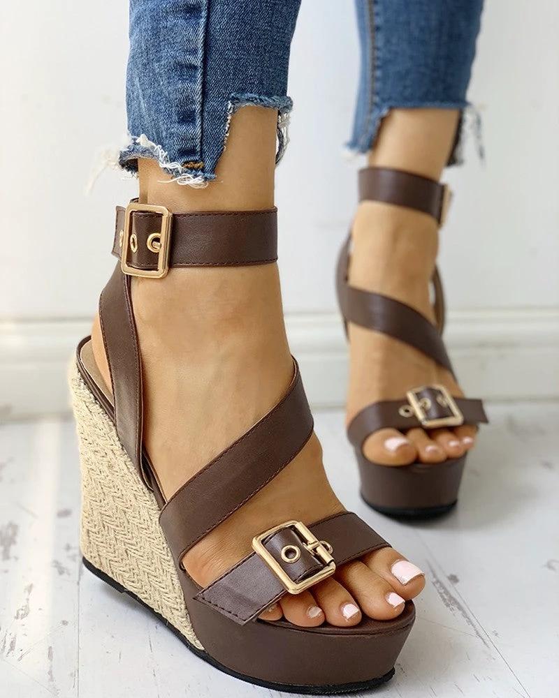 Women Large Size Straw Woven Wedge Heel Super High Heel Sandals by GJG Denim