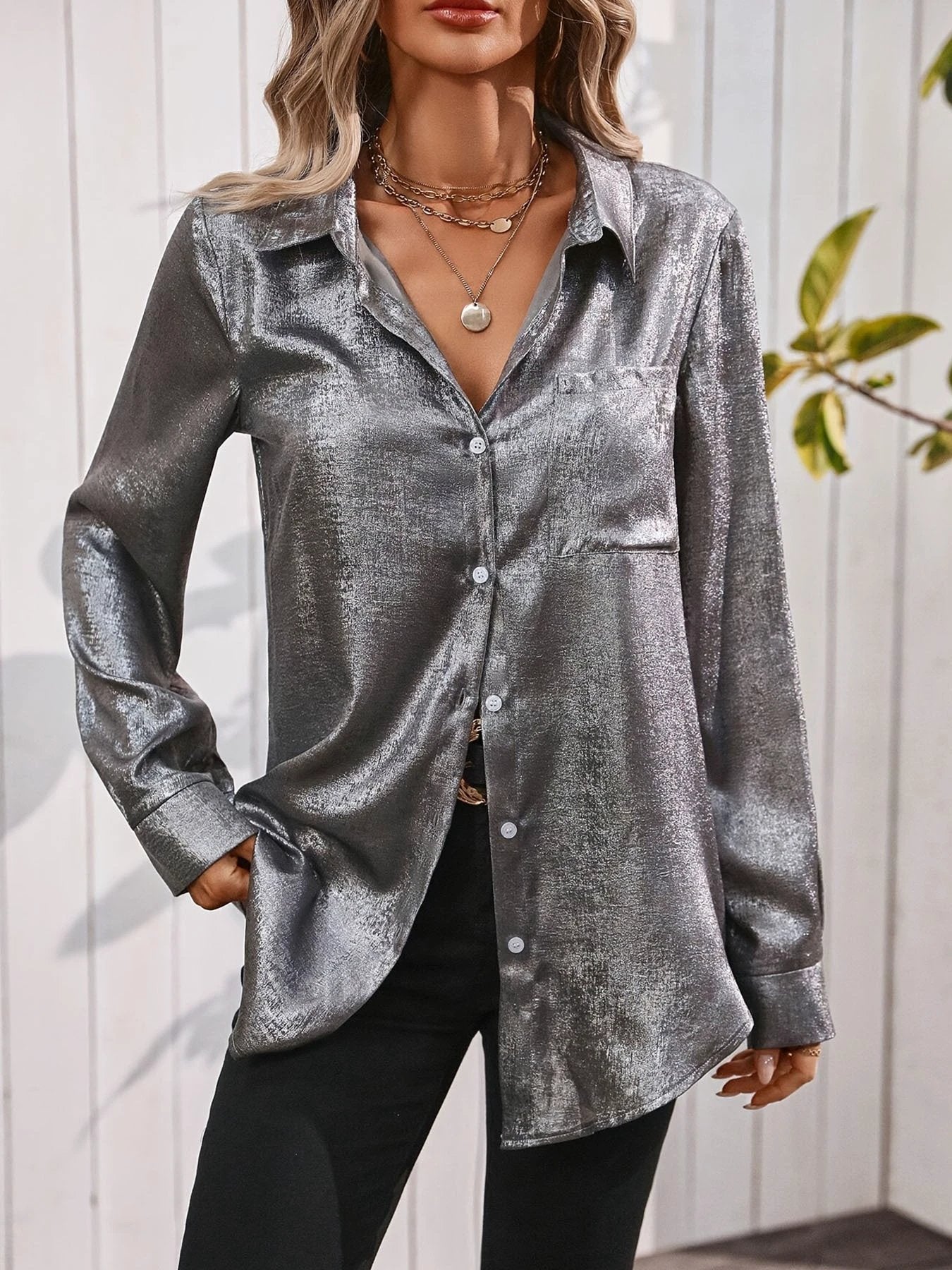 Satin Minimalist Long Sleeved V-Neck Button Pocket Daily Shirt - Women's Casual Top by GJG Denim