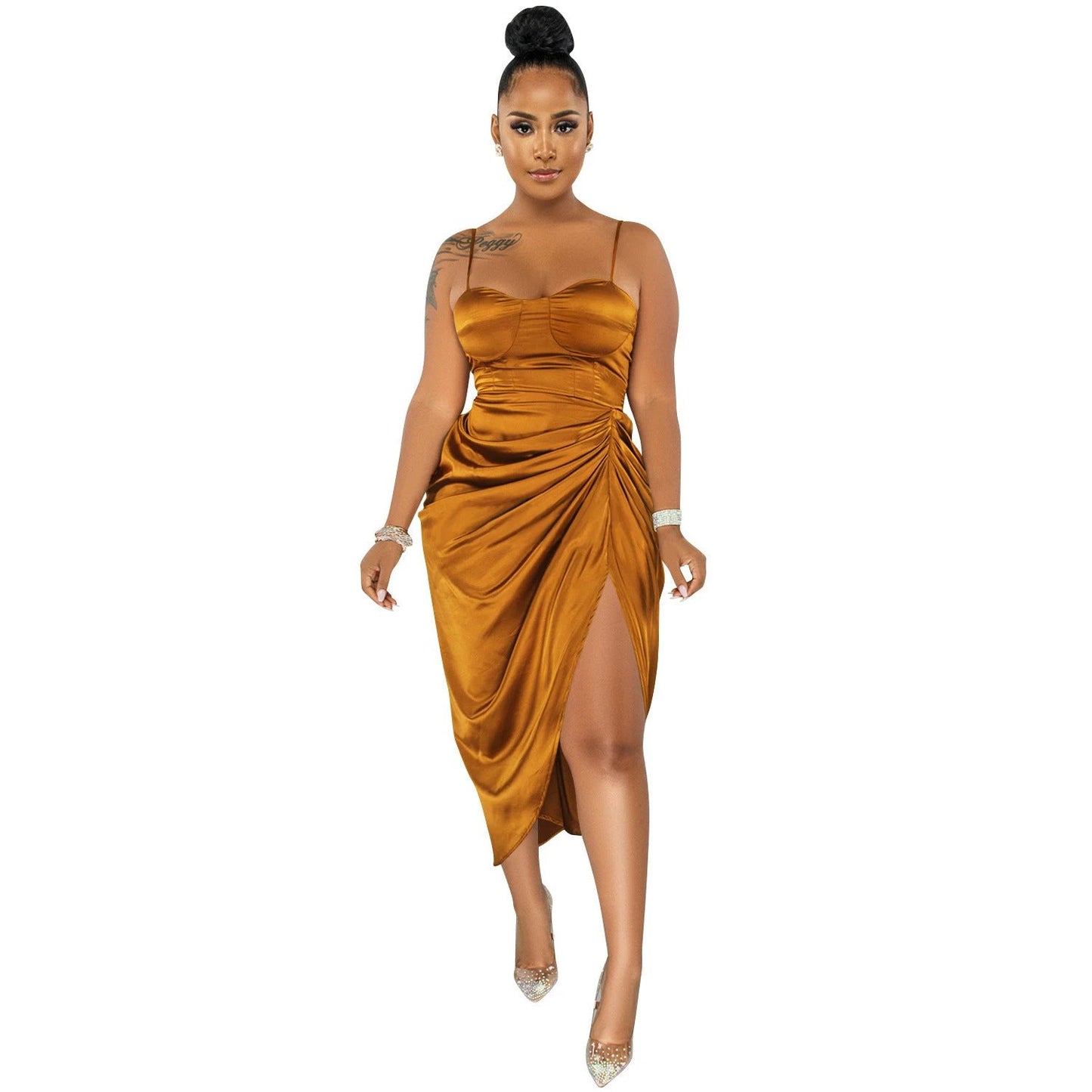 Fashion Solid Color Women's Sling Wrap Chest Ruched Slit Dress by GJG Denim