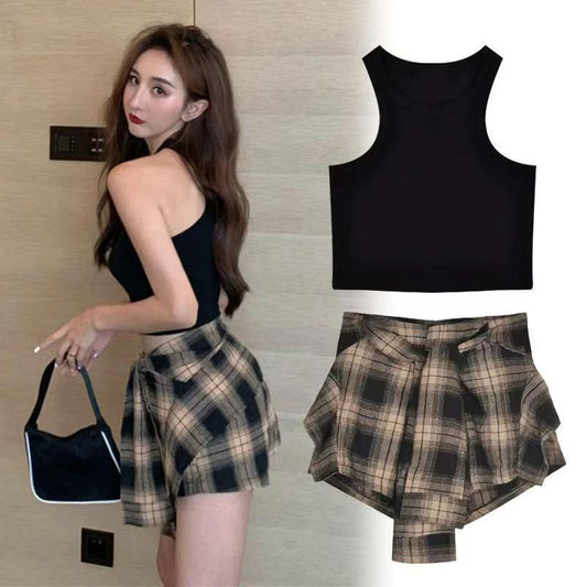 Irregular Plaid Top And Shorts-skirt Two-piece Set by GJG Denim