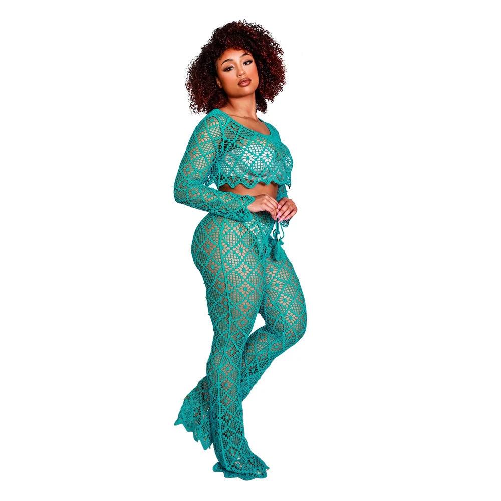 O-neck Short Top Bell-bottom Pants Lace Suit Without Lining by GJG Denim