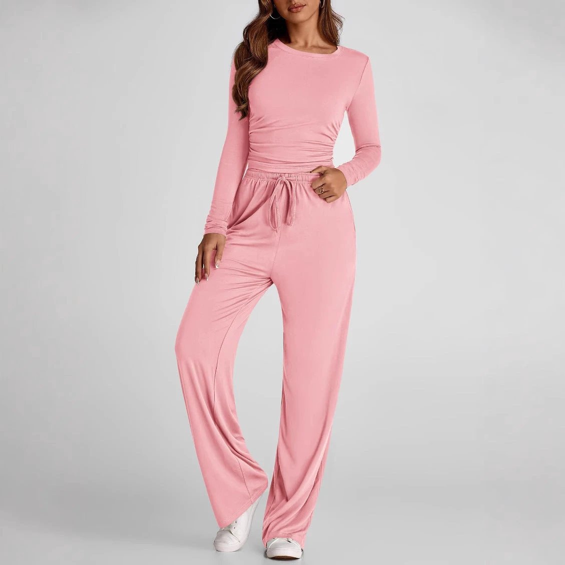 2 Pieces Women's Suit Autumn Winte Long Sleeve Tops High Waisted Wide Leg Pants Sportswear Female Clothes Solid Color Casual Suit by GJG Denim