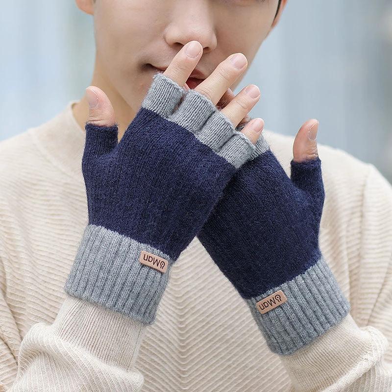 Men's Thick Knitted Half Finger Gloves by GJG Denim