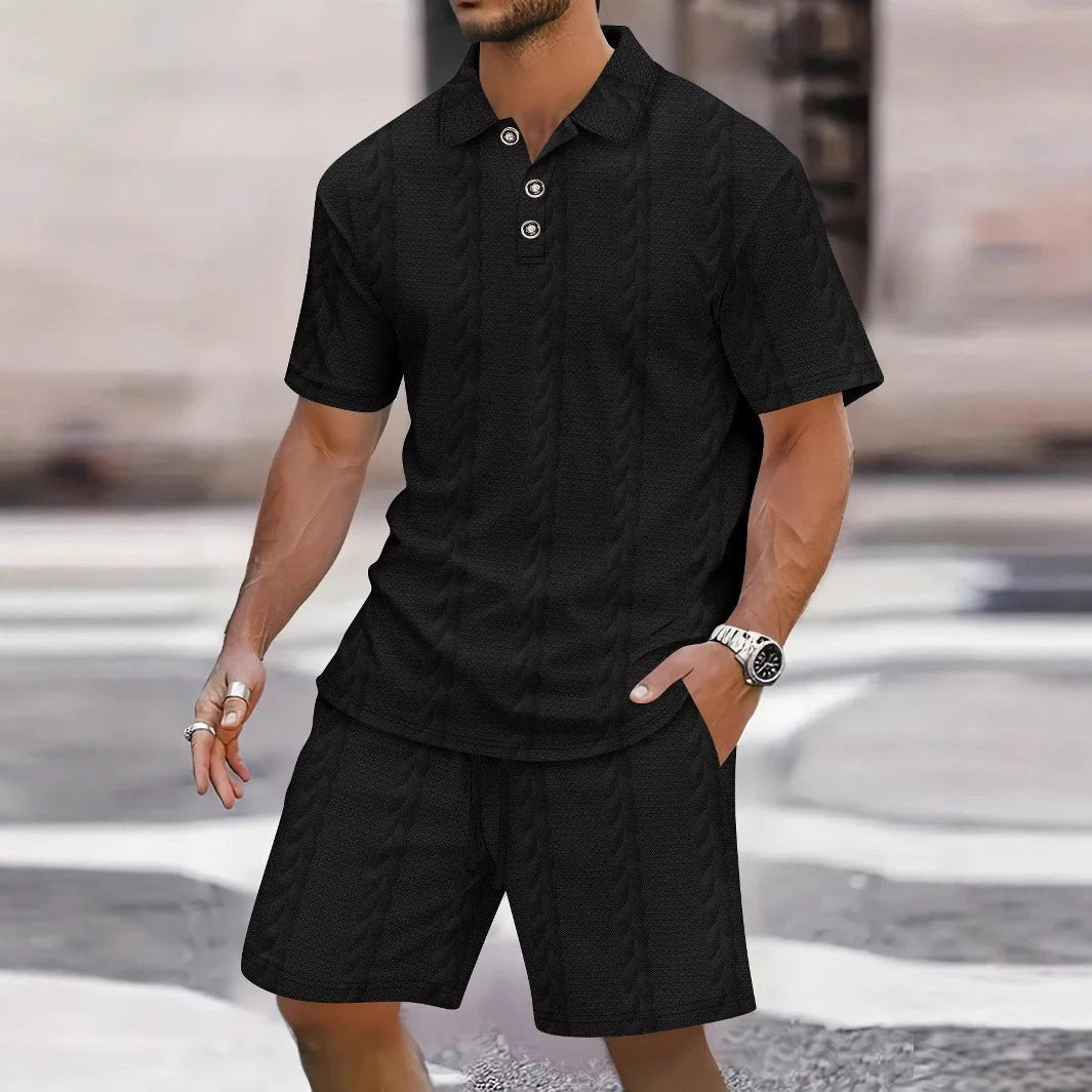 Men's Lapel-collar Short-sleeve Top With Shorts Set by GJG Denim