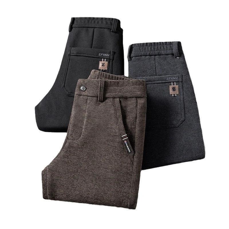 Men's Slim Fit Straight Fleece-lined Thick Business Casual Pants by GJG Denim