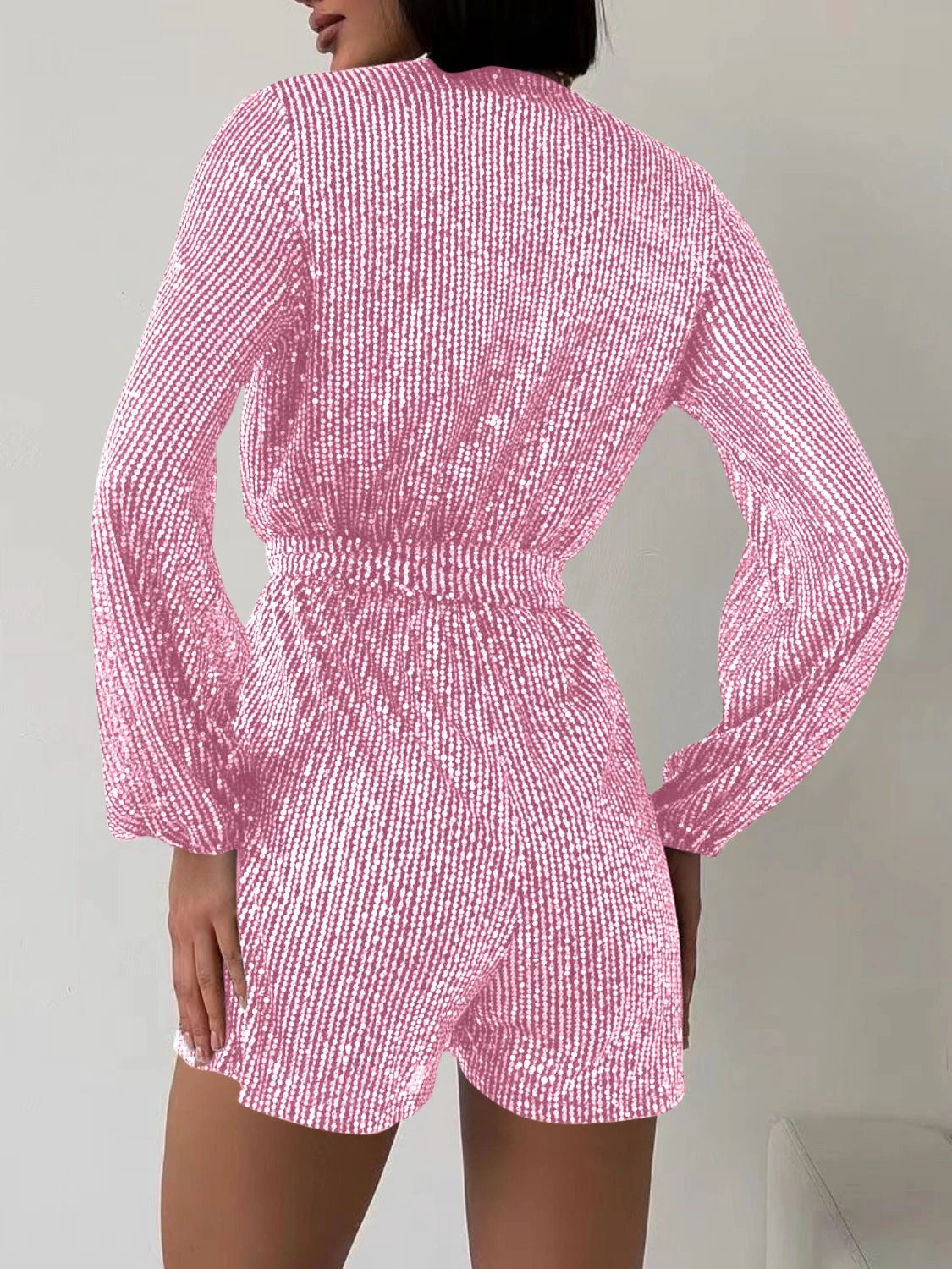Full Size Sequin Surplice Tie Waist Long Sleeve Romper by Lady Ros