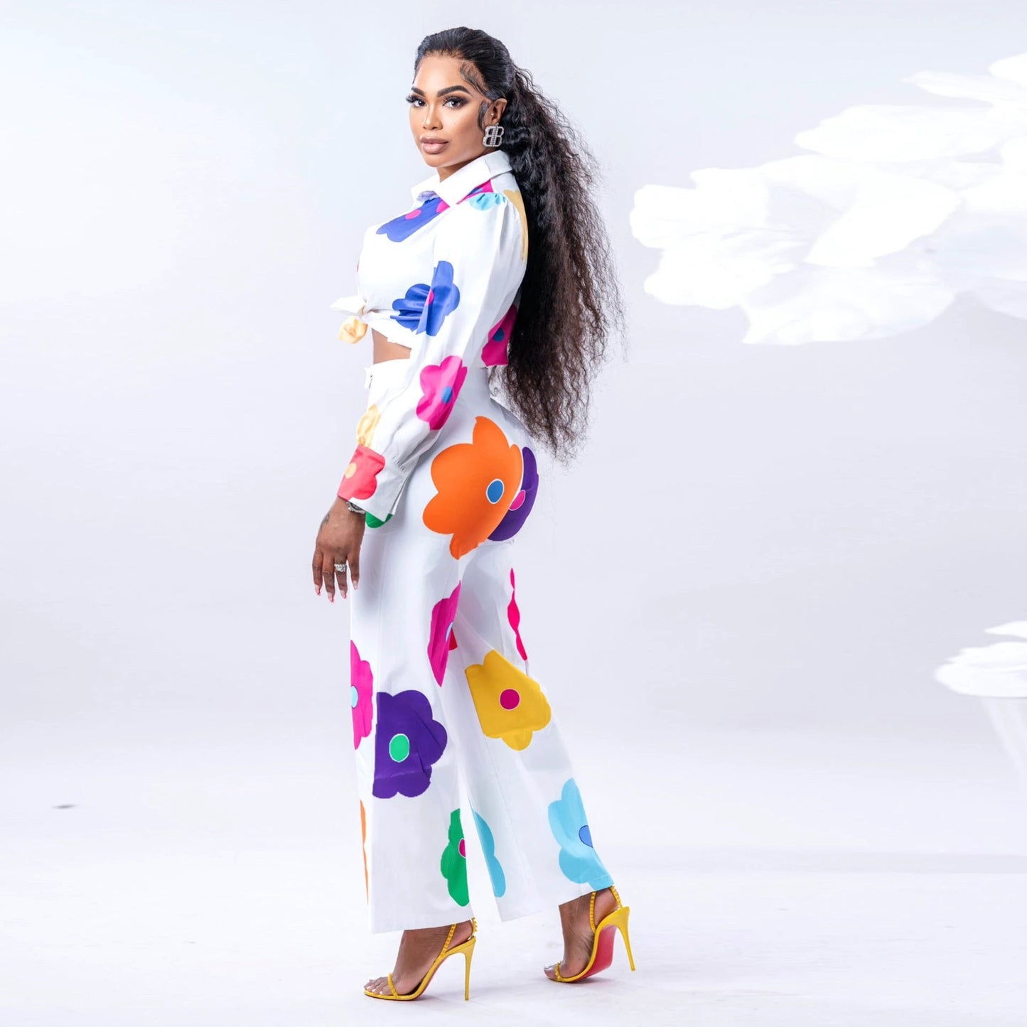 Women's Fashion Color Printed Shirt Suit Two-piece Set by GJG Denim