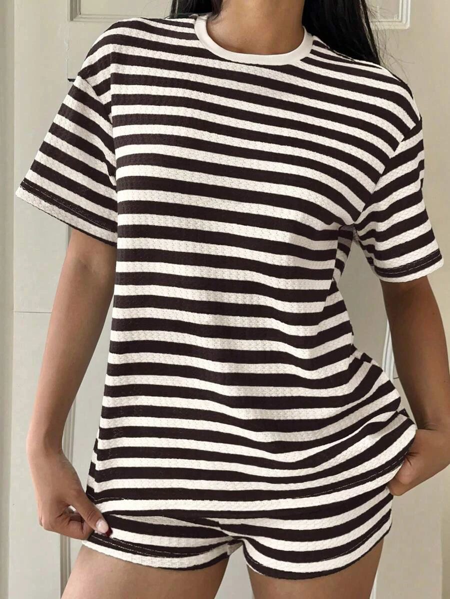 Striped Short-Sleeve T-Shirt Set Womens Fashion Summer by GJG Denim