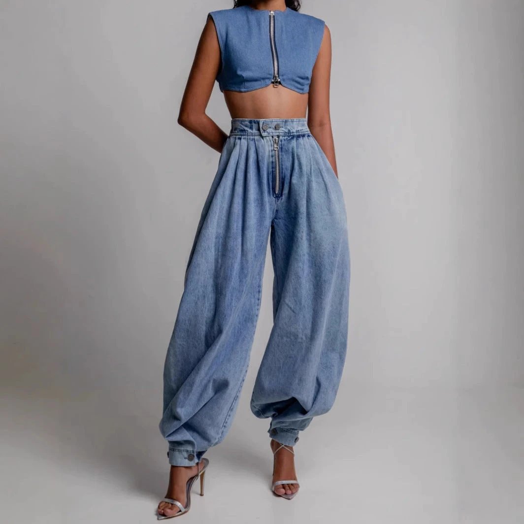 High Waist Zipper Denim Loose Harem Pants by GJG Denim