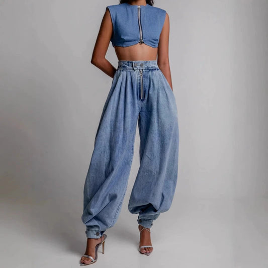 High Waist Zipper Denim Loose Harem Pants by GJG Denim