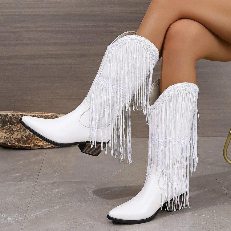 European And American Fashion Middle Fashion Boots Female Retro Chunky Heel Pleated Western Knight by GJG Denim