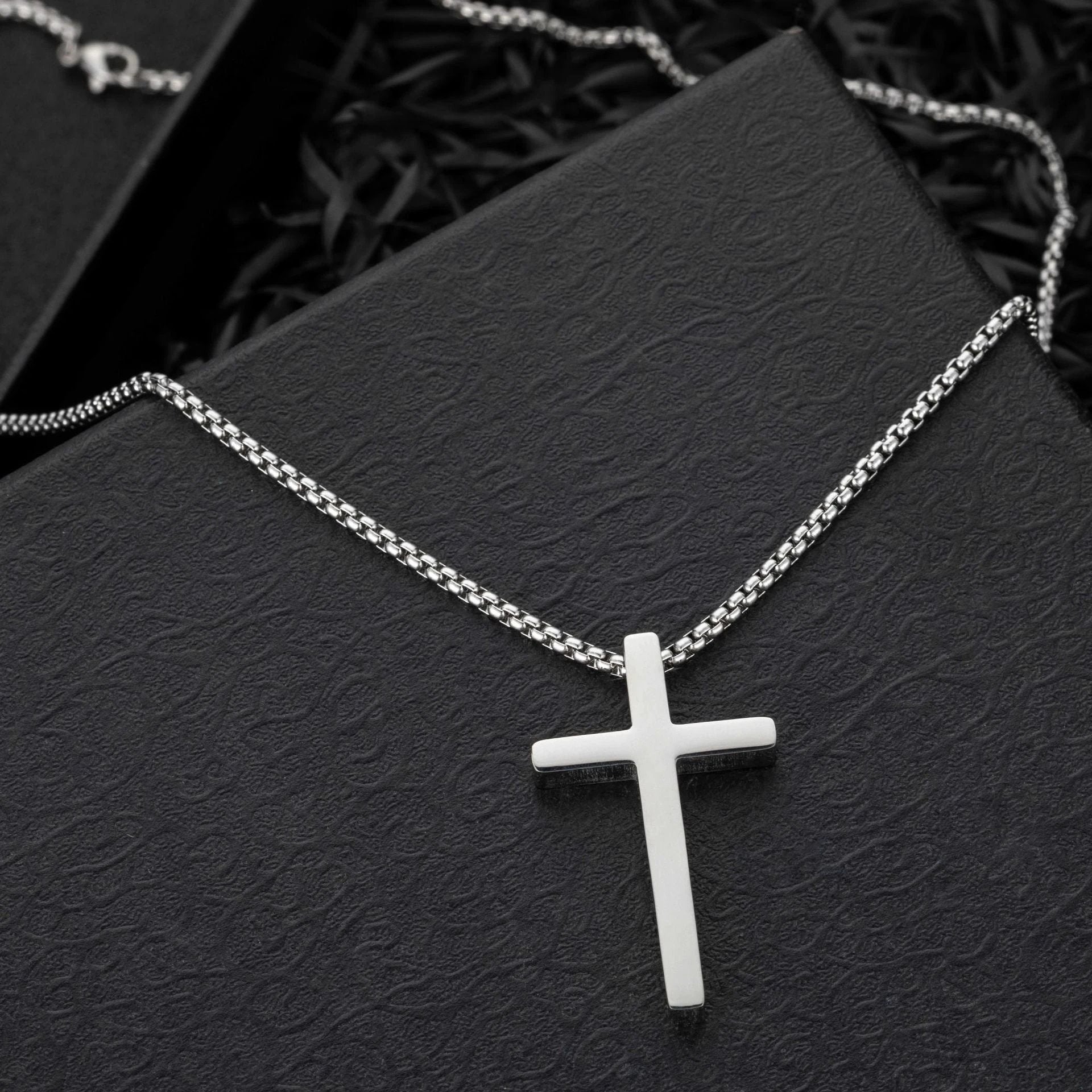 Simple Box Chain Stainless Steel Cross Necklace For Men by GJG Denim
