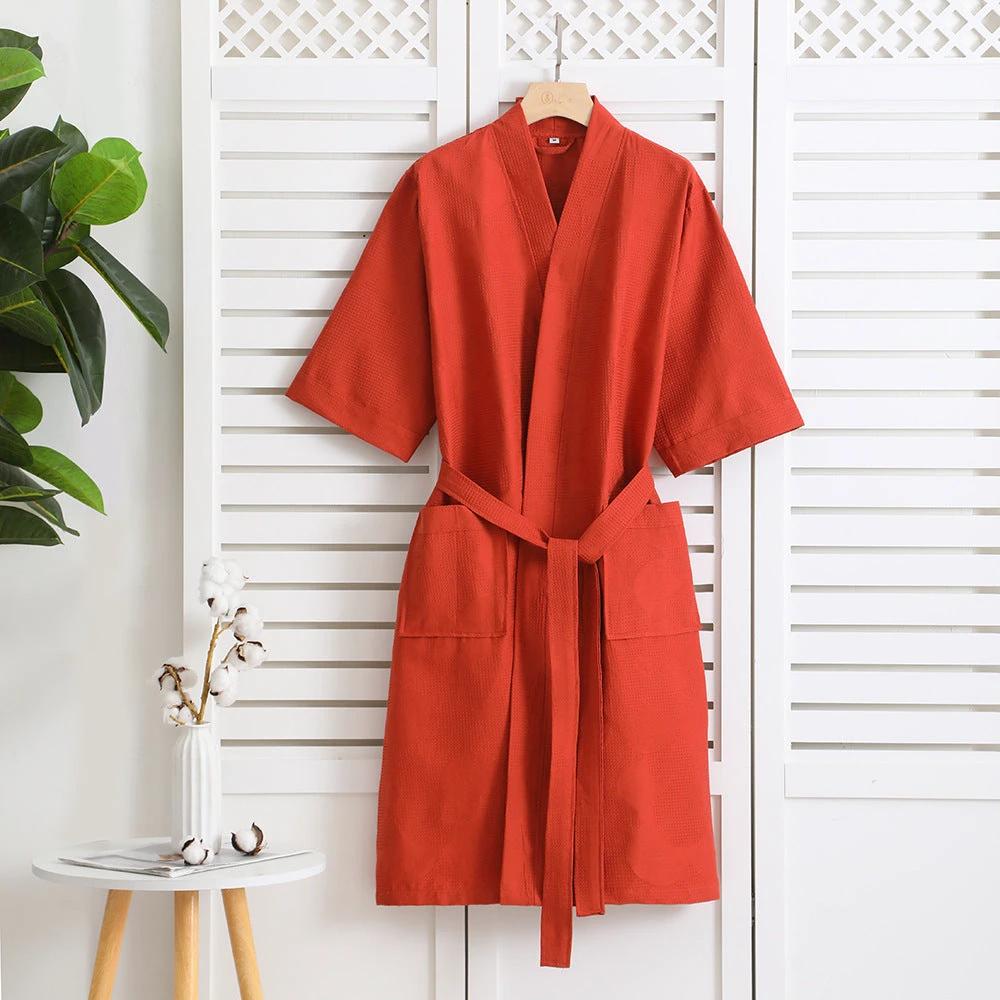 Cotton Single-layer Yarn Cropped Sleeves Mid-length Bathrobe by GJG Denim