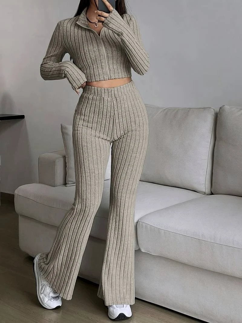 Fashionable Solid-Color Ribbed Two-Piece Set Zip-Up Long-Sleeve Cropped Top And High-Waist Flare Pants Suit by GJG Denim