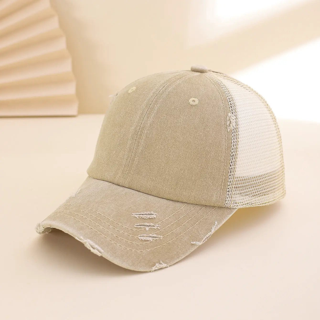 Solid-color, Frayed, Washed-out, Distressed, Mesh-patterned Cap - A Trendy, Youthful, Versatile Baseball Cap That Suits Both Daily Commuting And Outdoor Activities. by GJG Denim