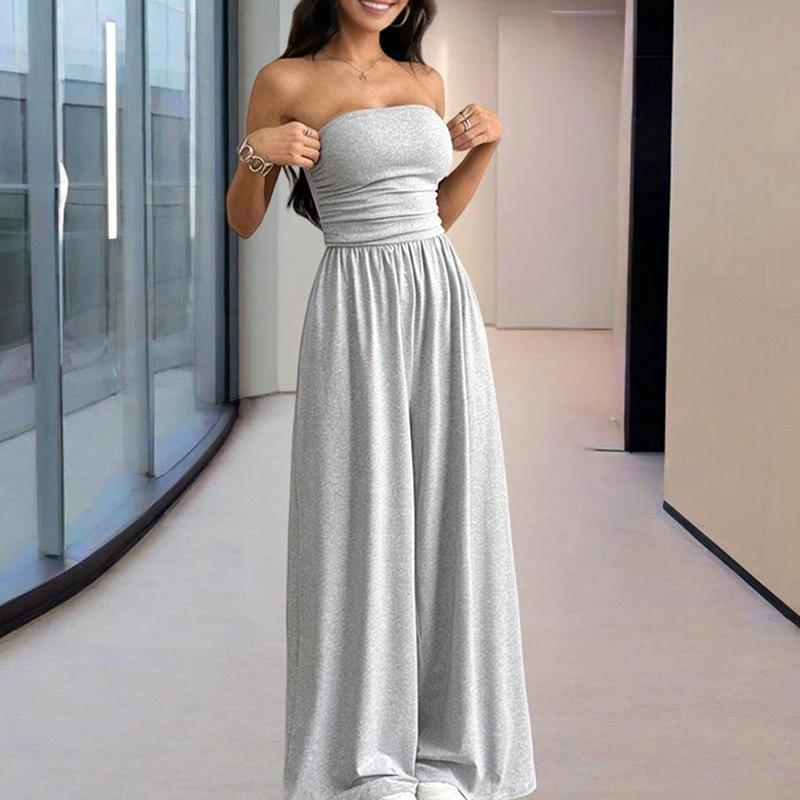 Women's Solid Color Strapless Jumpsuit Wide-Leg Palazzo Pants With Pleats Summer Fashion Outfit by GJG Denim
