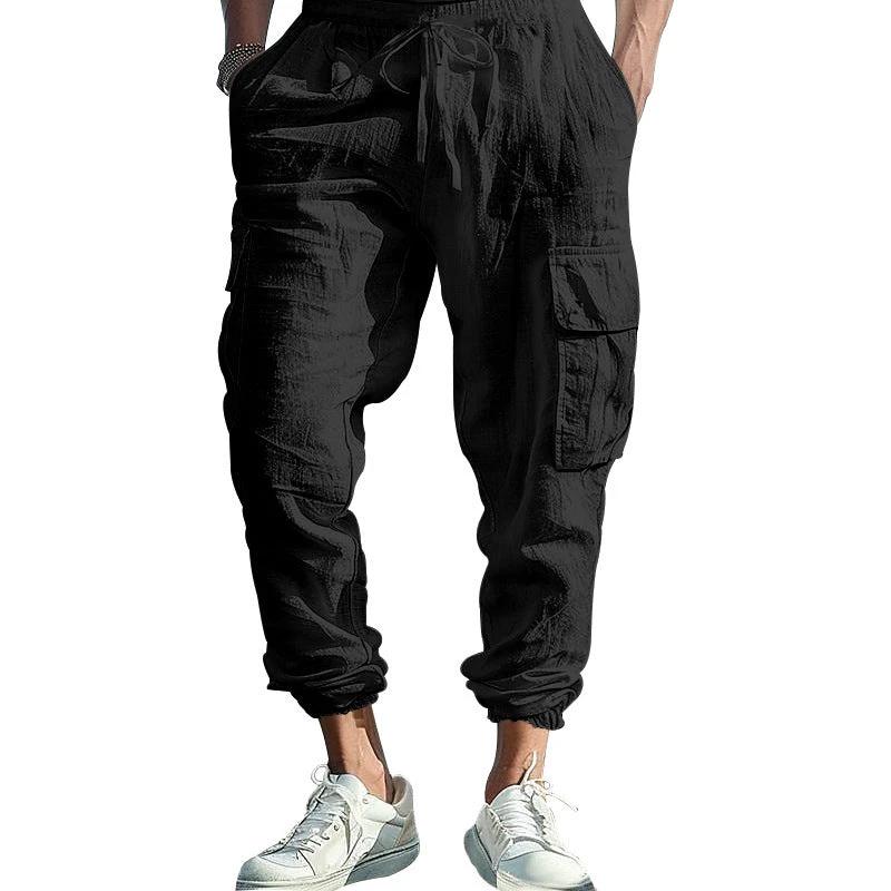 Men's Casual Ankle-tied Multi-pocket Tether Solid Color Loose Pants by GJG Denim
