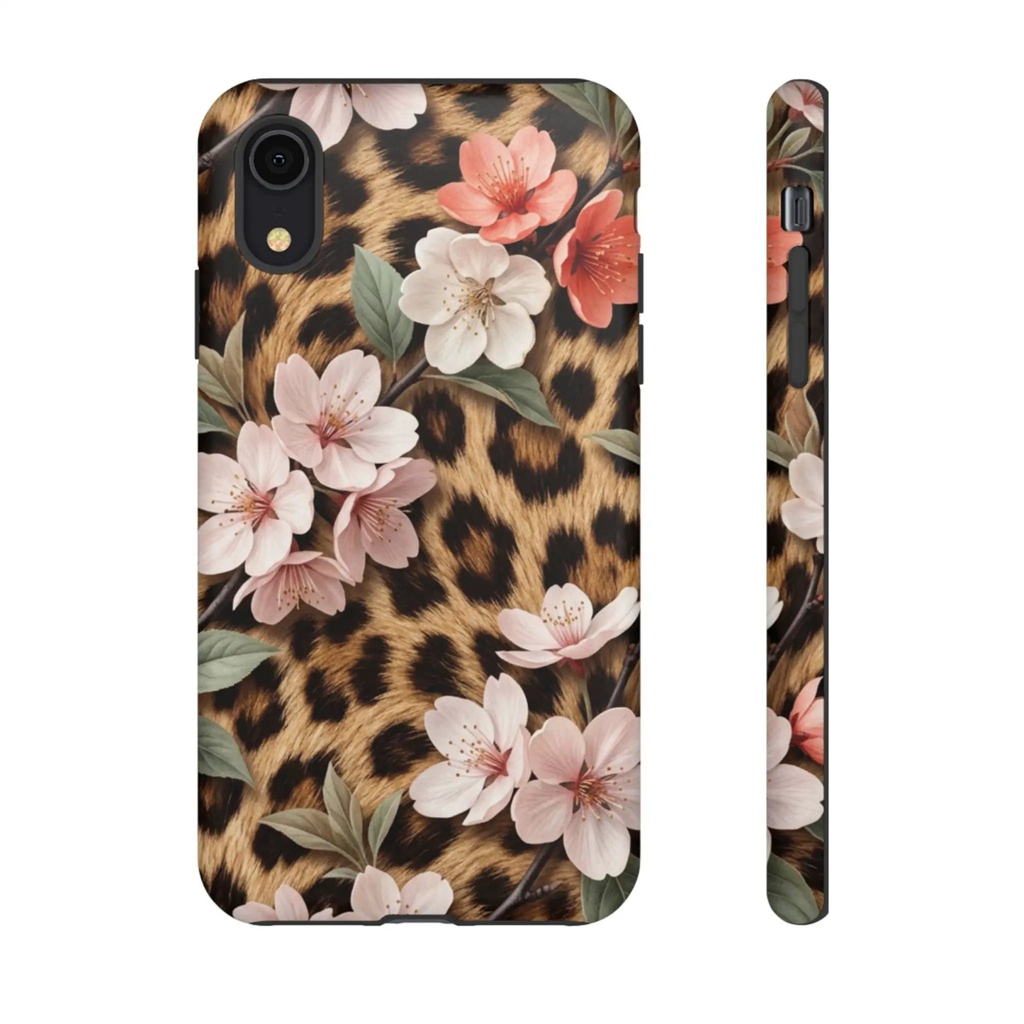 Leopard Floral Tough Case — Protective Phone Case with Pink Cherry Blossoms by Printify