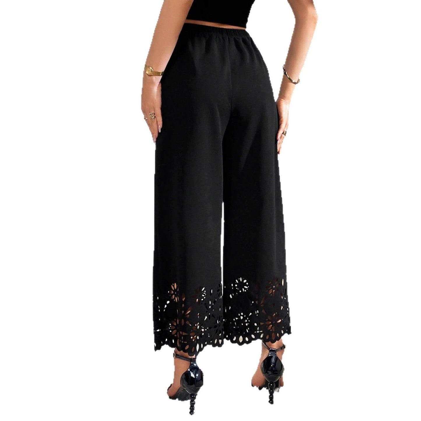 Women's Four-Season Hollow-Out Burnt-Out Solid-Colored Trousers by GJG Denim