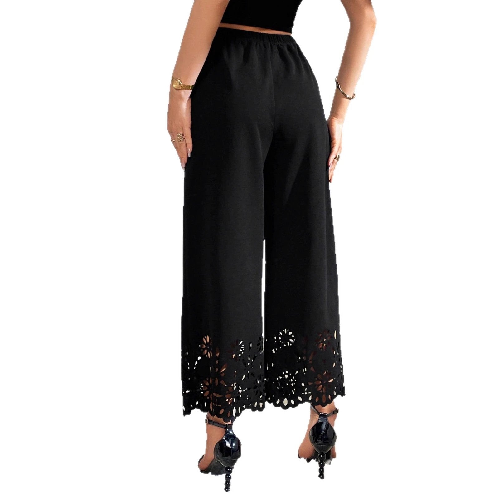 Women's Four-Season Hollow-Out Burnt-Out Solid-Colored Trousers by GJG Denim