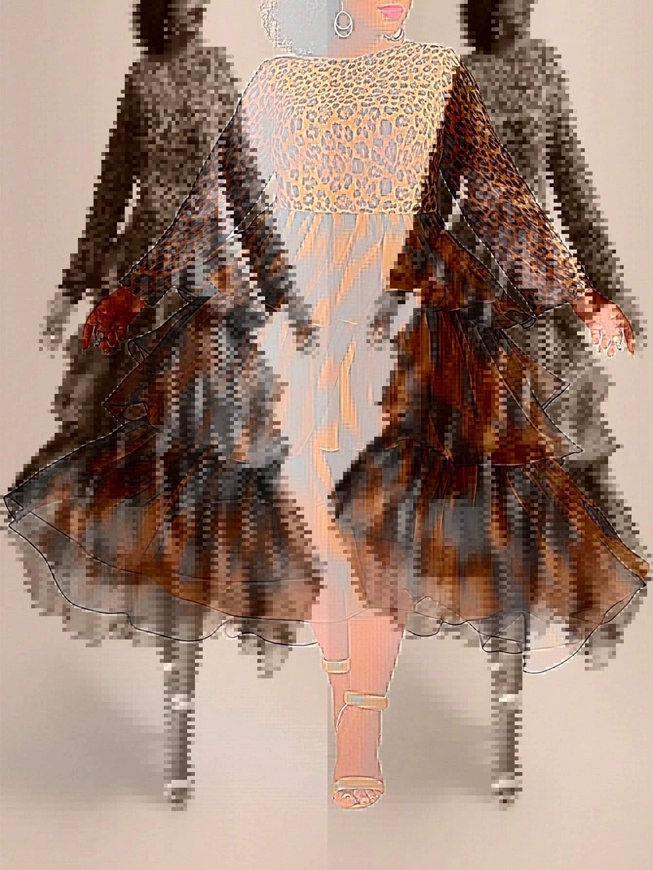 Elegant Leopard Print Cake Dress Plus Size Long Sleeve by GJG Denim