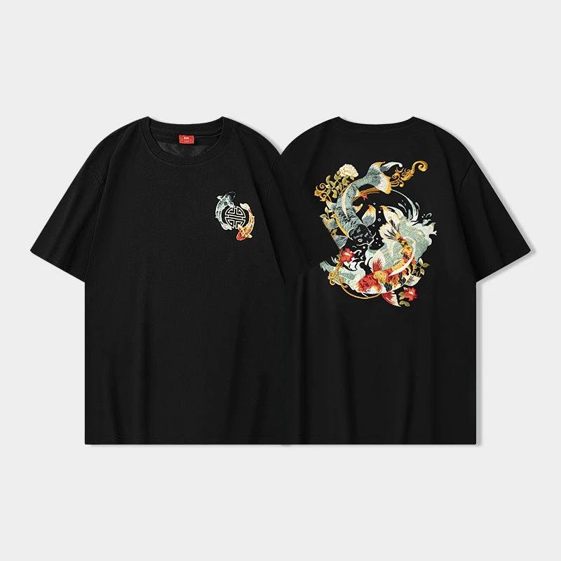 Loose Embroidered Floral Koi Short-sleeved T-shirt For Boys by GJG Denim