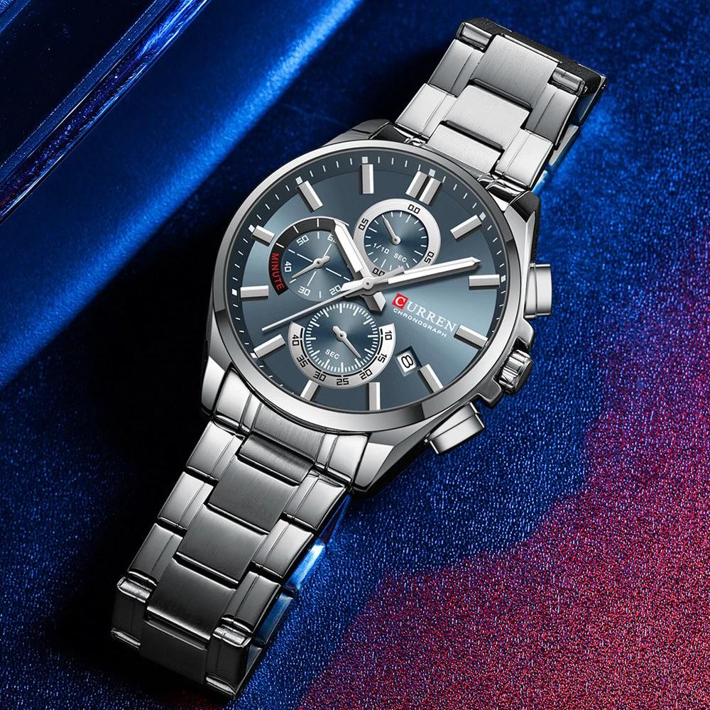 Men's Steel Band Waterproof Six-pin Timing Watch by GJG Denim
