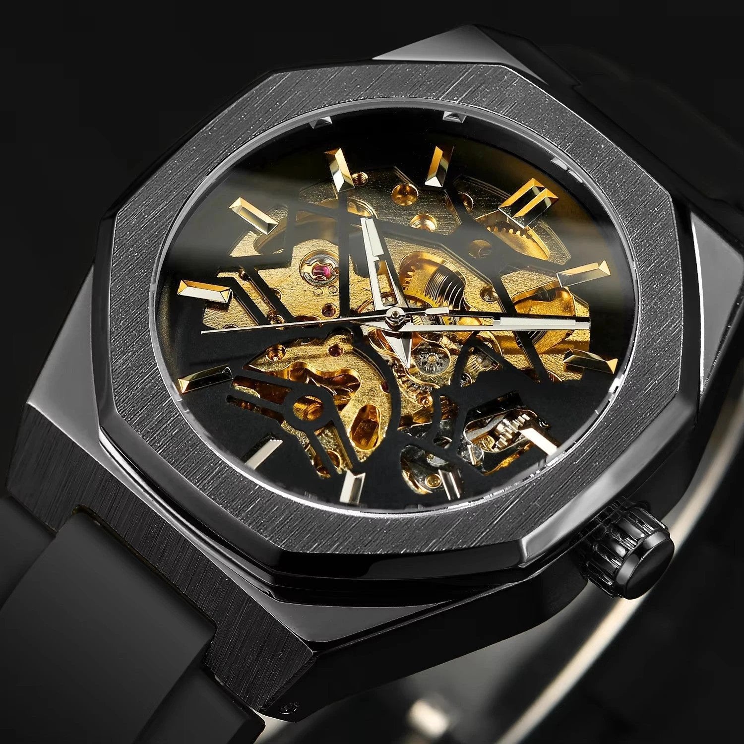 Casual Silver Hollow Skeleton Rubber-band Automatic Mechanical Watch For Men by GJG Denim
