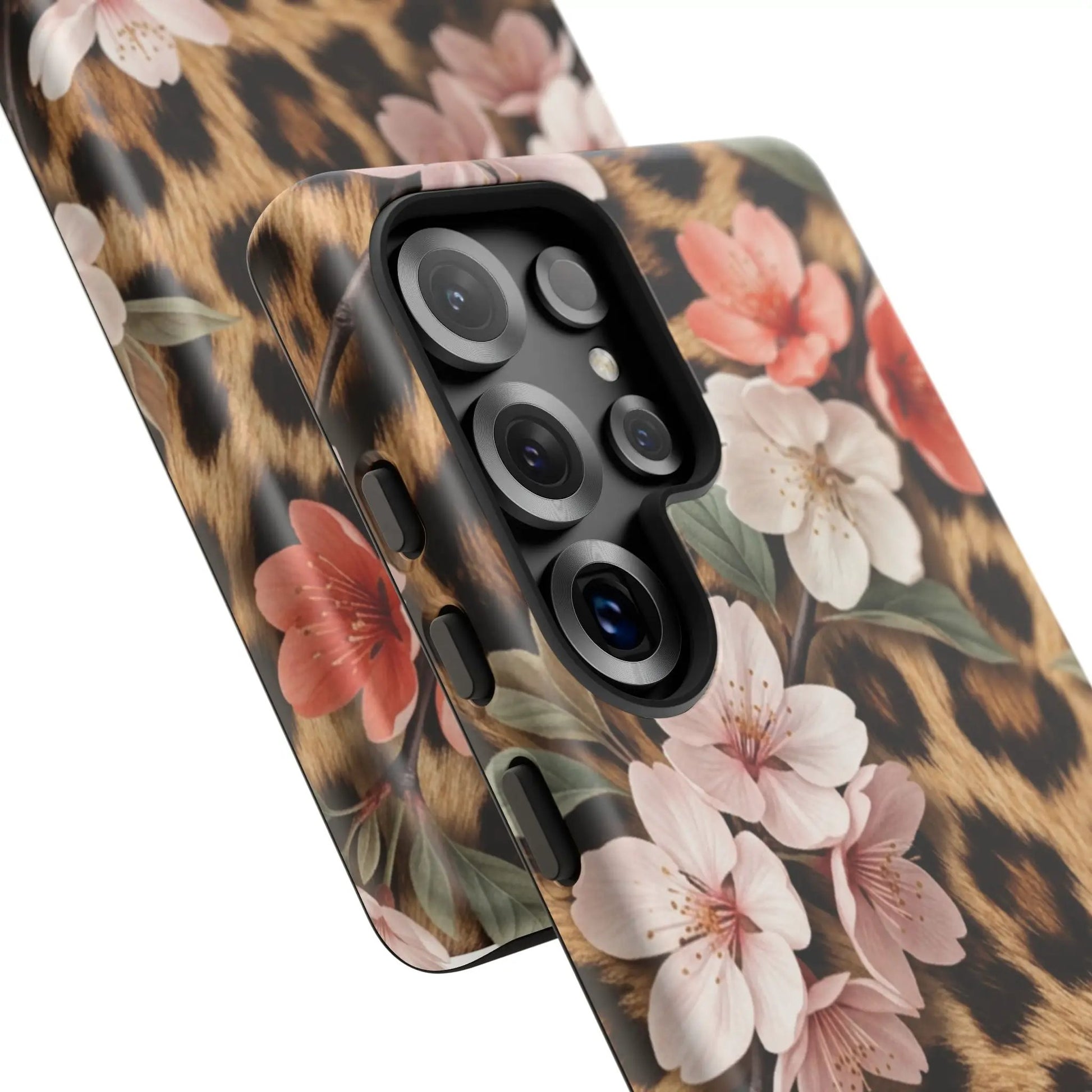 Leopard Floral Tough Case — Protective Phone Case with Pink Cherry Blossoms by Printify