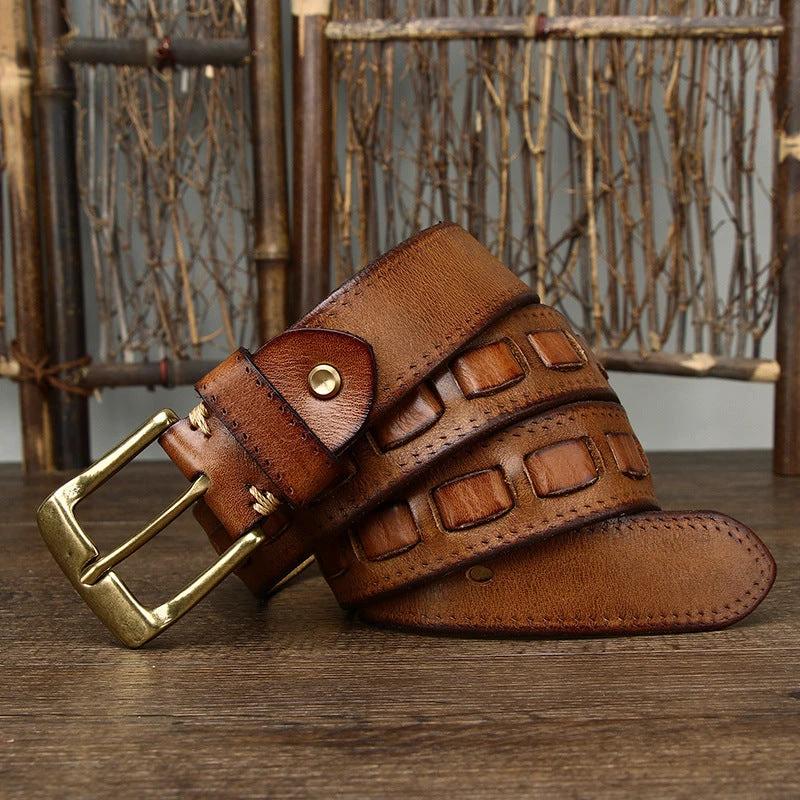 Retro Genuine Leather With Brass Buckle Belt For Men by GJG Denim