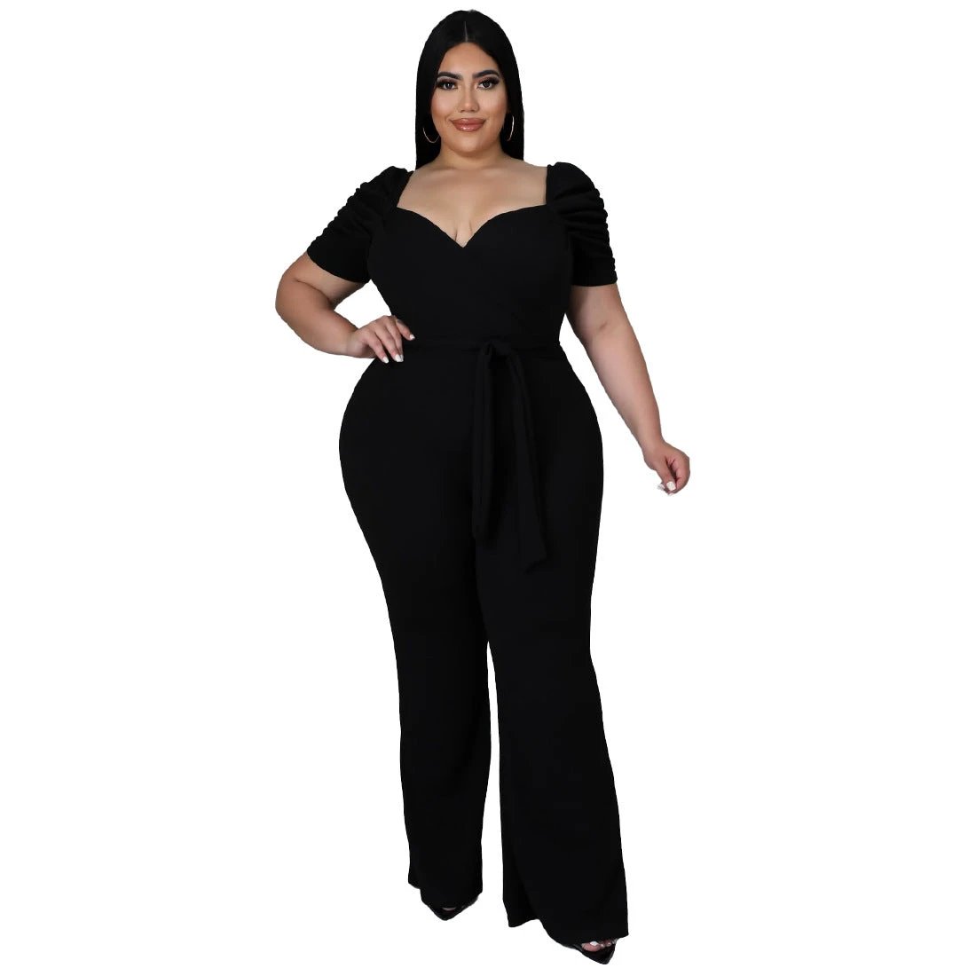 Women's Plus-Size Stand Collar Ruffle Sleeve High-Waist Jumpsuit Wide-Leg Pants by GJG Denim