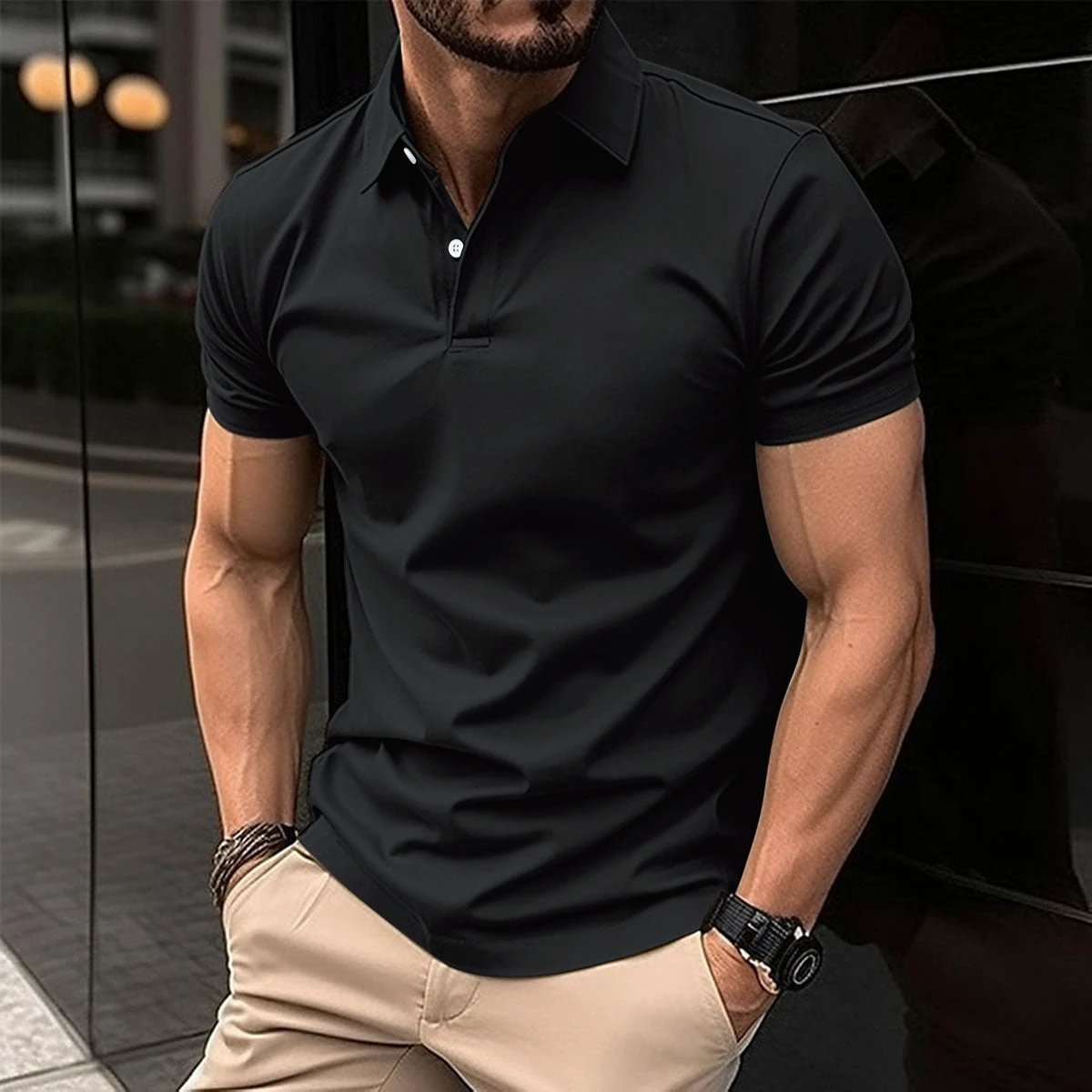 Short Sleeve Polo Shirt Men Solid Color Button Lapel Button Top by GJG Denim
