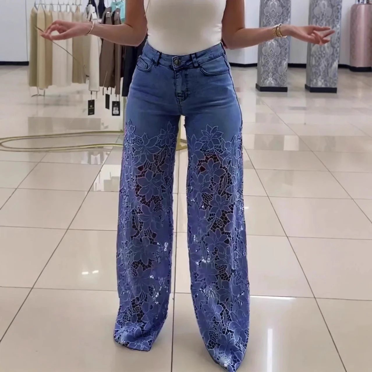 Y2K Lace Flowers Hollow Jeans Fashion High Waist Straight Wide Leg Pants Solid Color Trousers Women's Clothing by GJG Denim